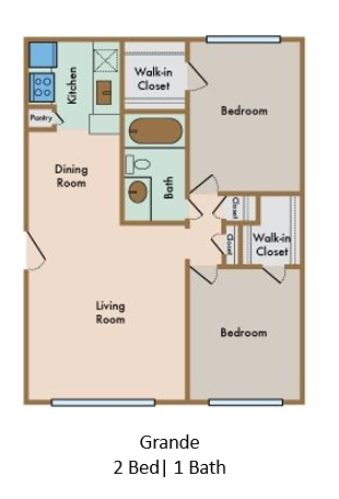 Floor plan for 2 beds, 1 bath, 760 sqft